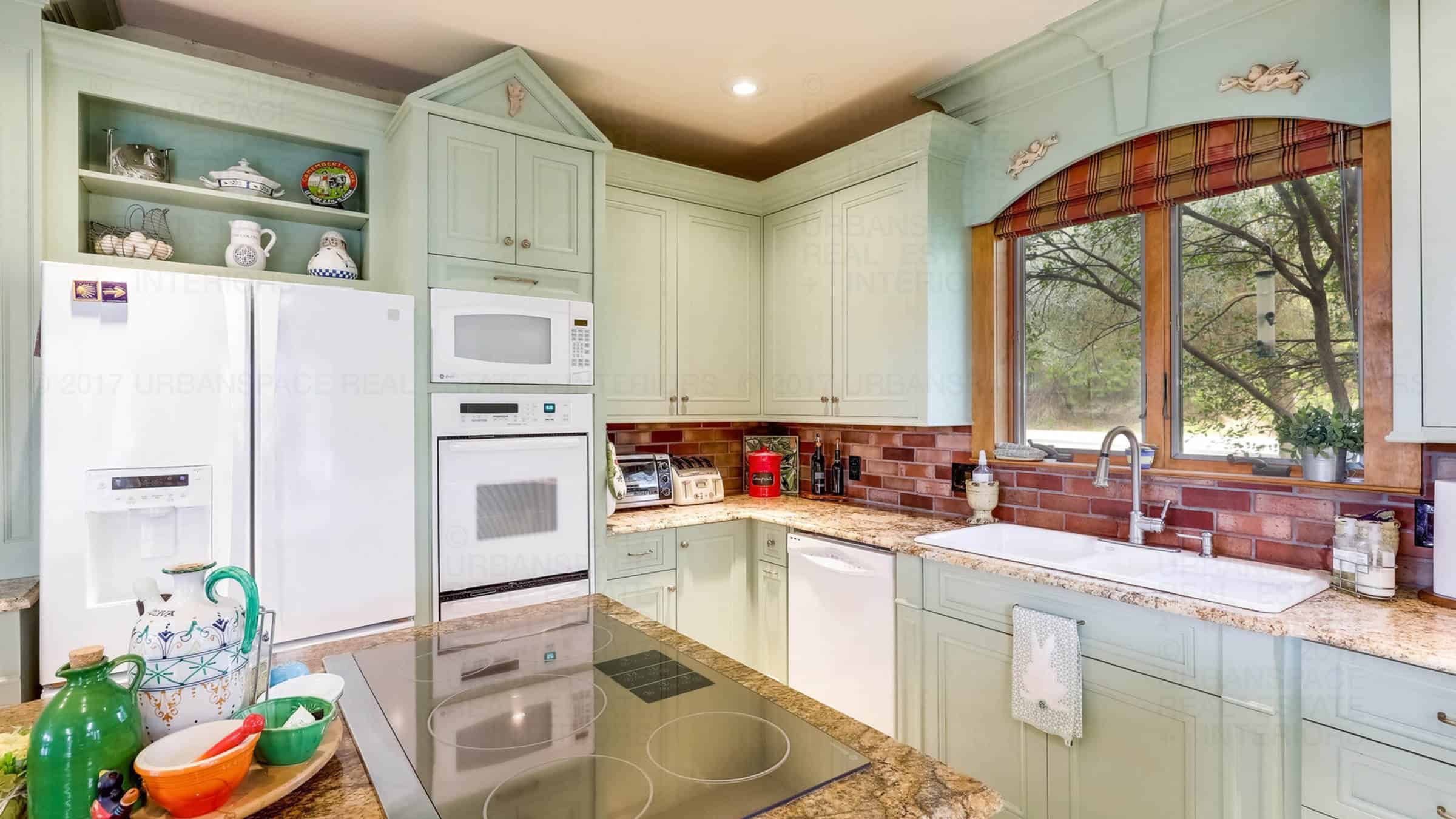 kitchen built ins white appliances window electric stove smoky ridge house austin