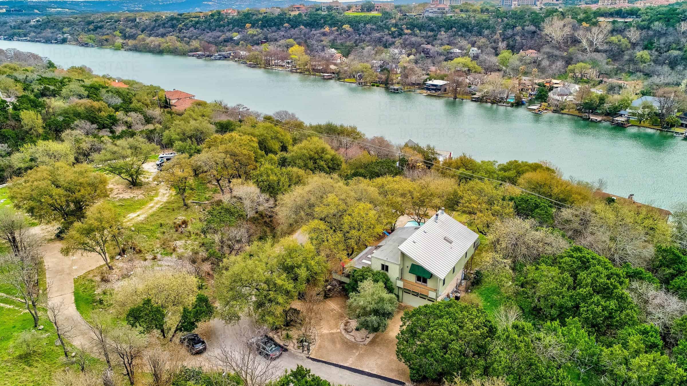 smoky ridge house outside aerial view water view