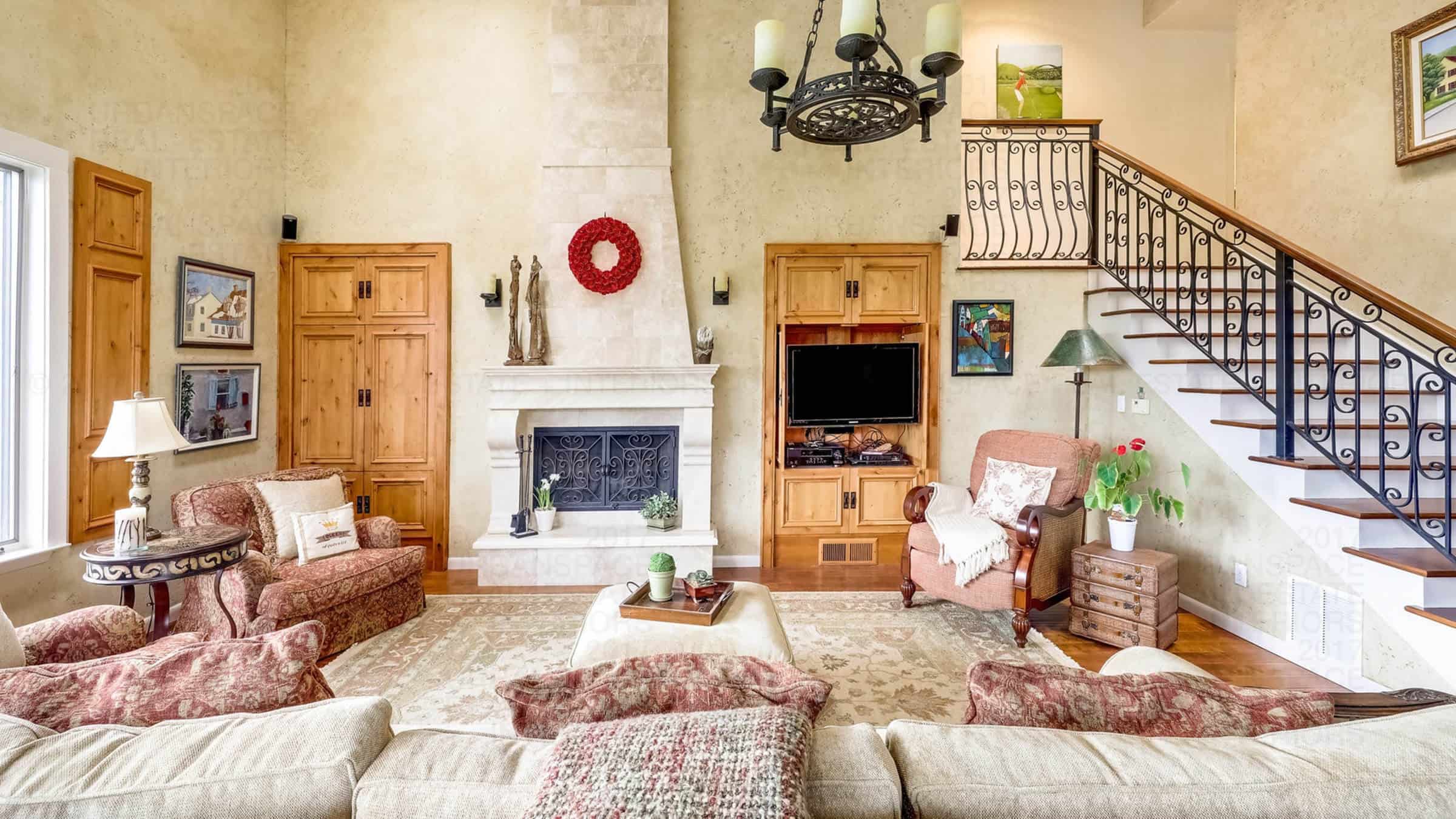 fireplace living room wooden flooring stairs smoky ridge house