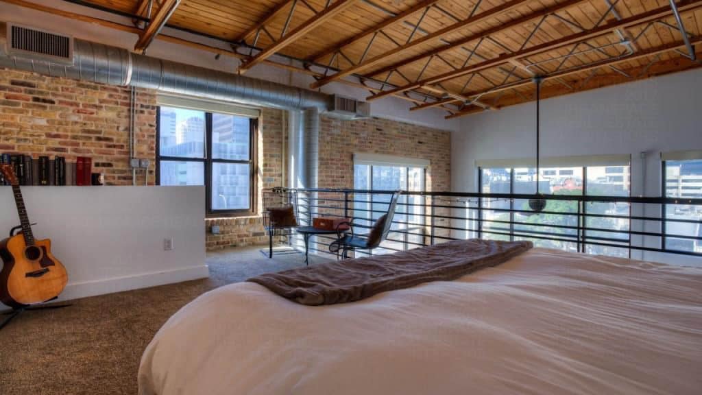 bedroom area upstairs loft windows downtown austin brazos lofts