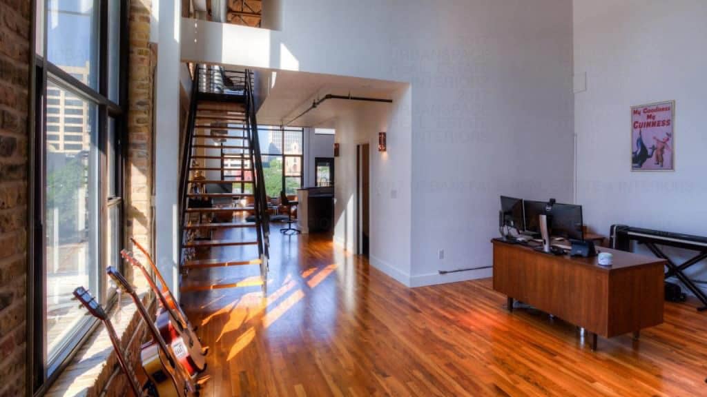 brazos lofts office area wooden floors stairs window