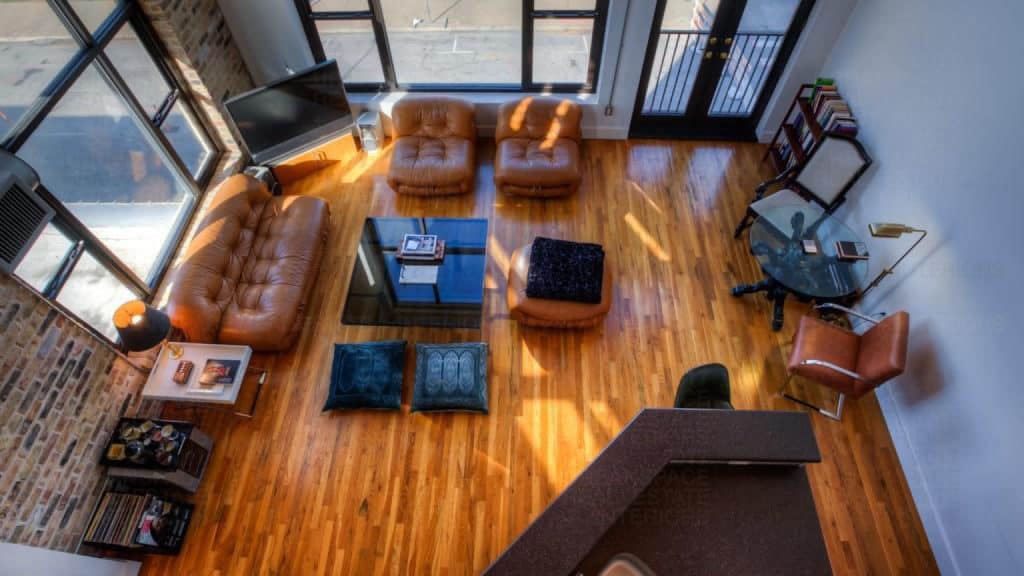 upstairs view of loft brazos lofts wooden floors windows open downtown austin