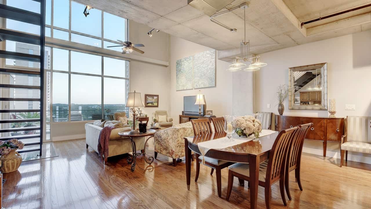 dining room open rooms wood floors loft austin city condo downtown modern