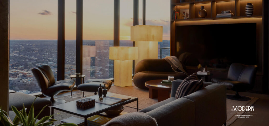 Modern condo tower living room with warm lighting and beautiful interior design
