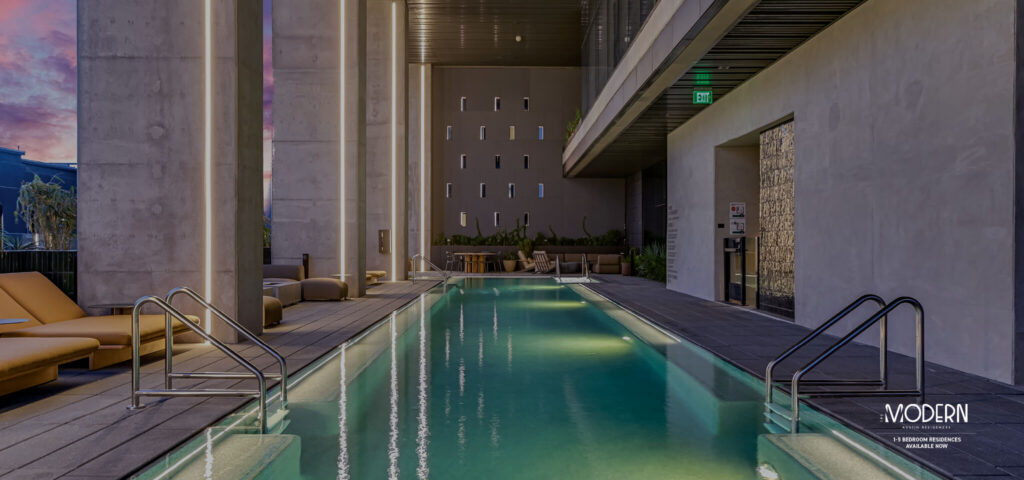 A large heated swimming pool at The Modern in downtown Austin