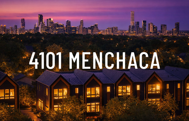 4101_Menchaca_now_selling Aerial view of 4101 Menchaca, a boutique 10-unit modern townhome development in South Austin’s 78704 neighborhood featuring Scandinavian-inspired architecture