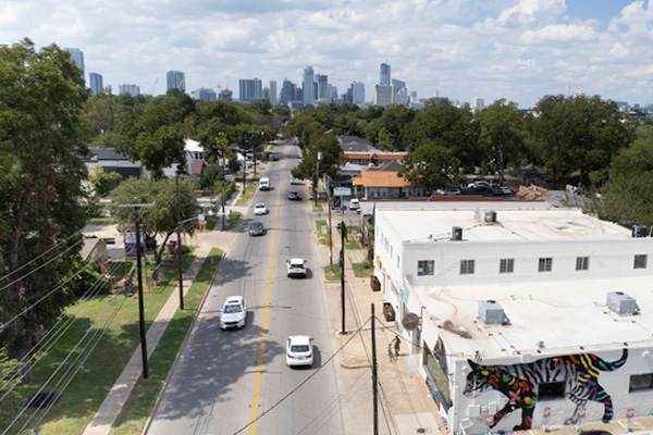 Downtown Austin skyline visible from East Cesar Chavez St